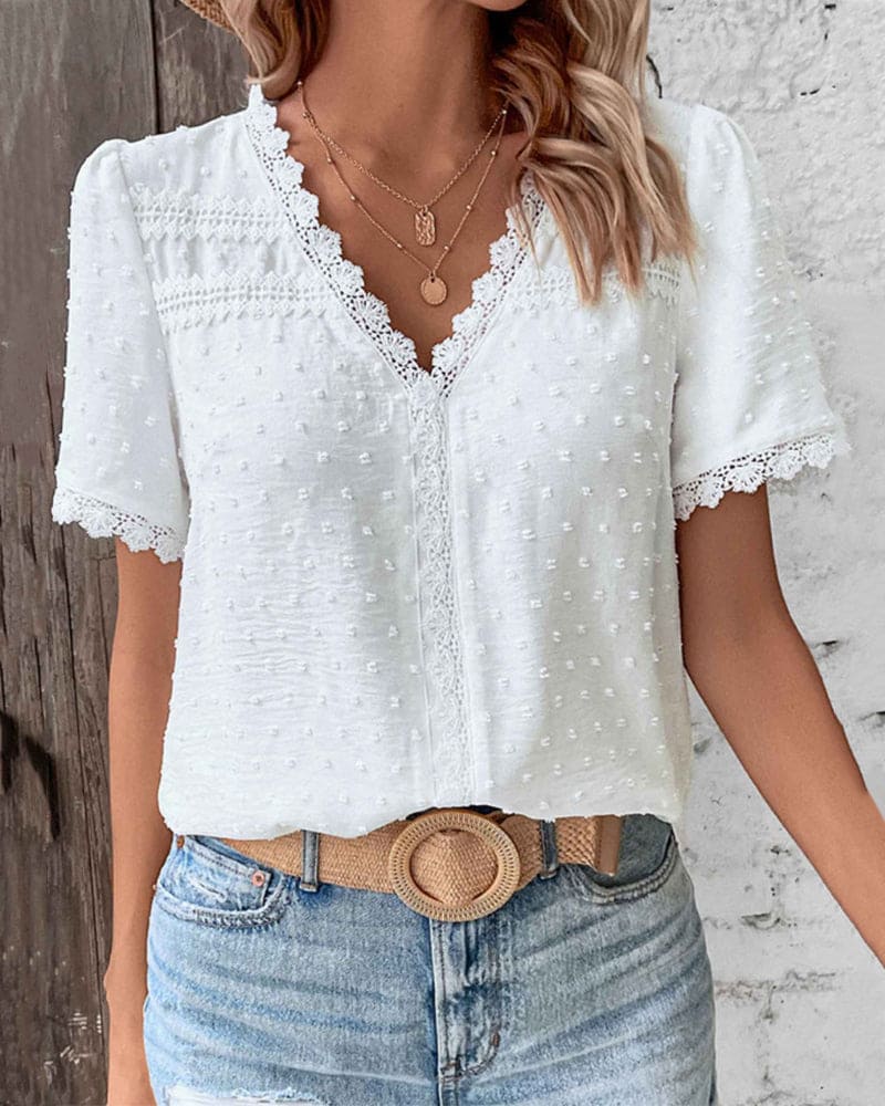 Women's Lace Trim Swiss Dot Blouse