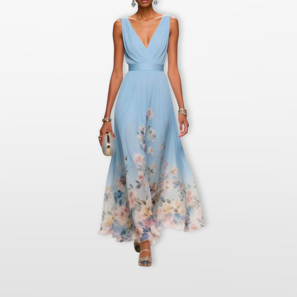 Women Floral V Neck Maxi Dress