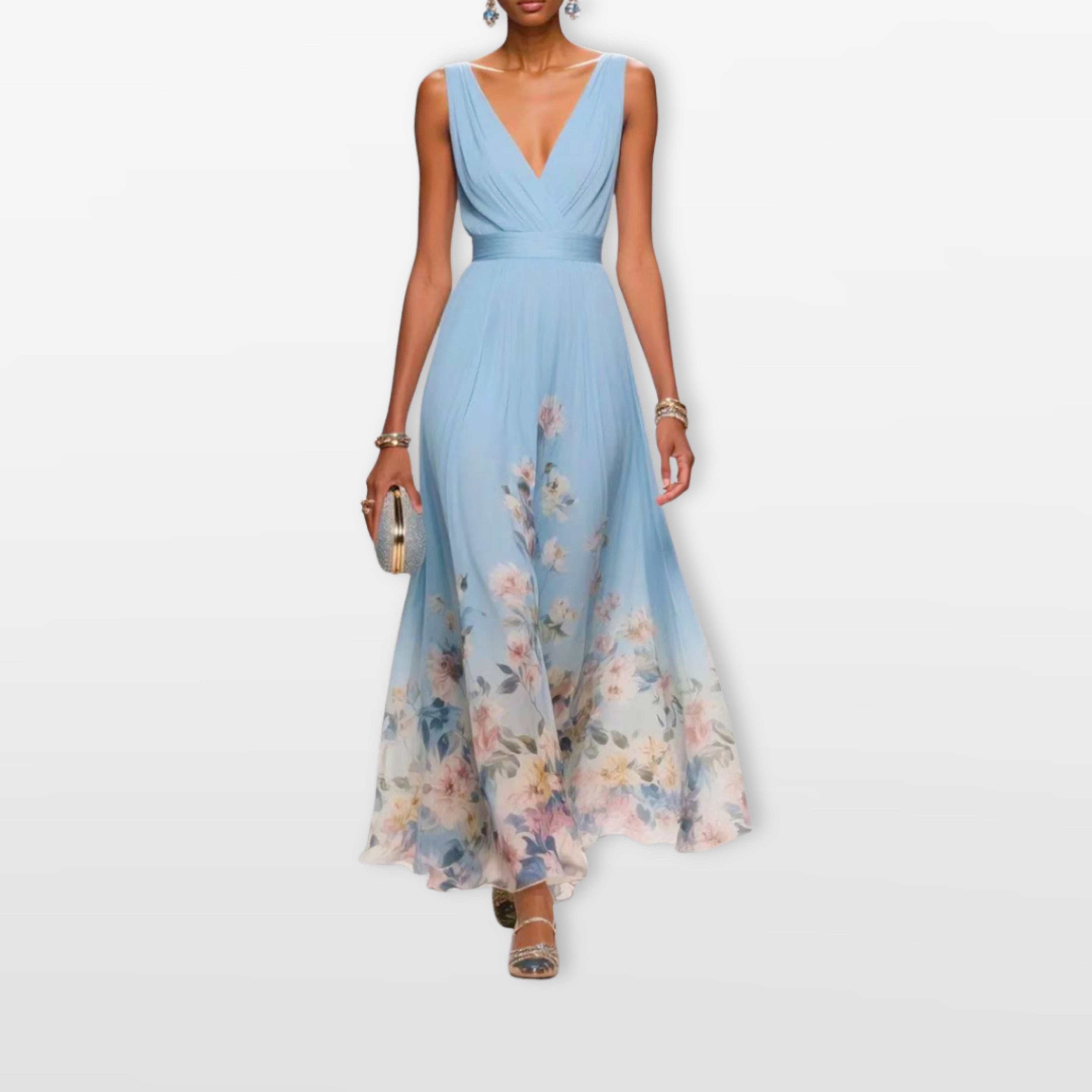 Women Floral V Neck Maxi Dress