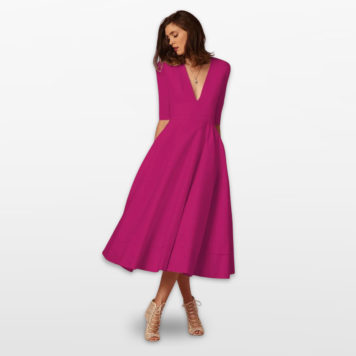 Women V Neck Fit and Flare Midi Dress