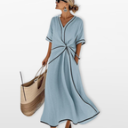 Women V Neck Midi Dress Twist Waist