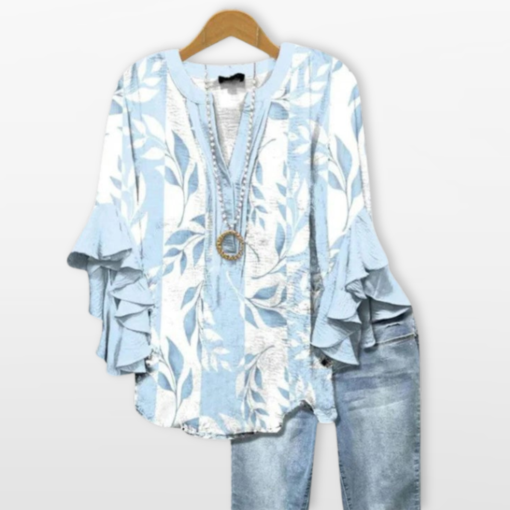 Women V Neck Blouse Floral Ruffle Sleeve