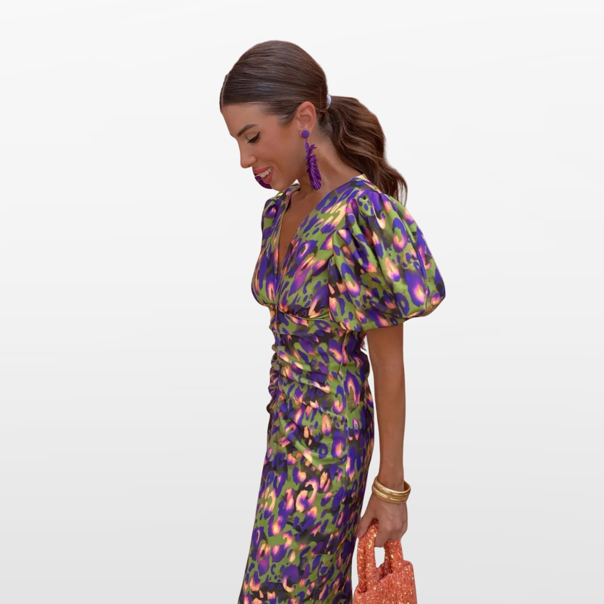 Women Ruched Puff Sleeve Midi Dress
