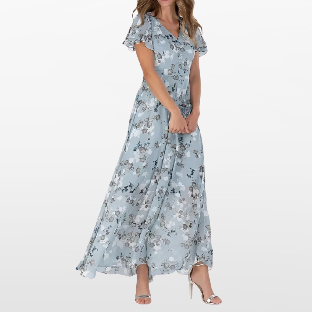 Women Floral Maxi Dress Flutter Sleeve