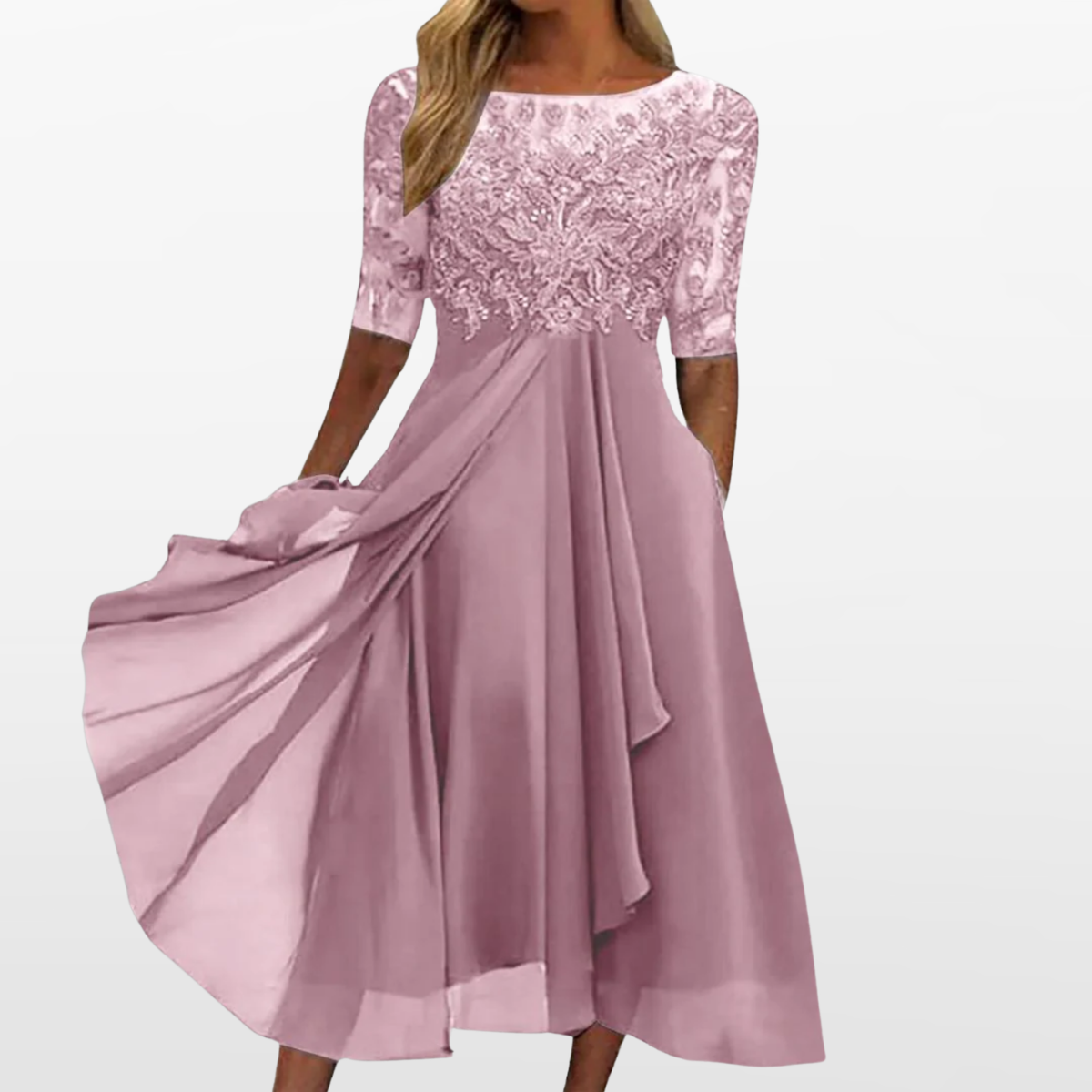 Women Elegant Lace Midi Evening Dress