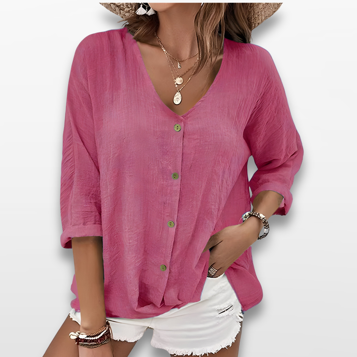 Women V Neck Button Blouse Casual Top