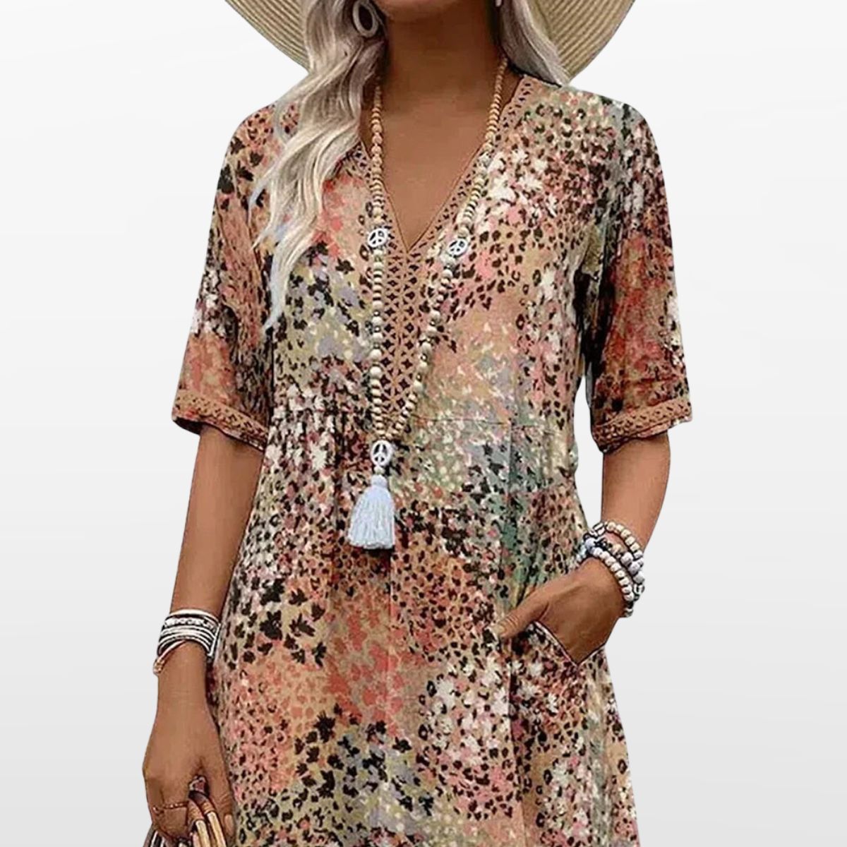 Women Boho Midi Dress V Neck