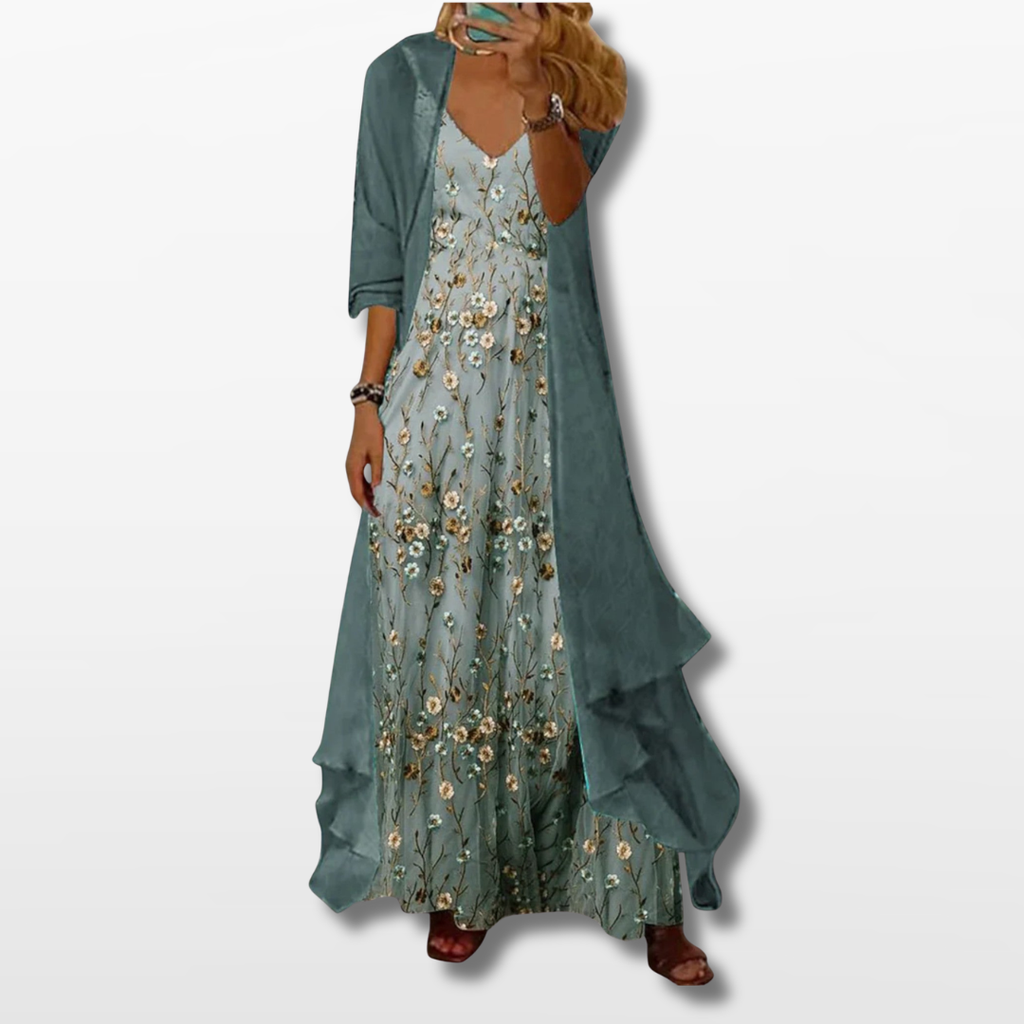 Women Floral Maxi Dress with Long Cardigan