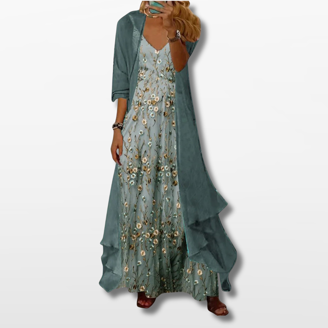 Women Floral Maxi Dress with Long Cardigan