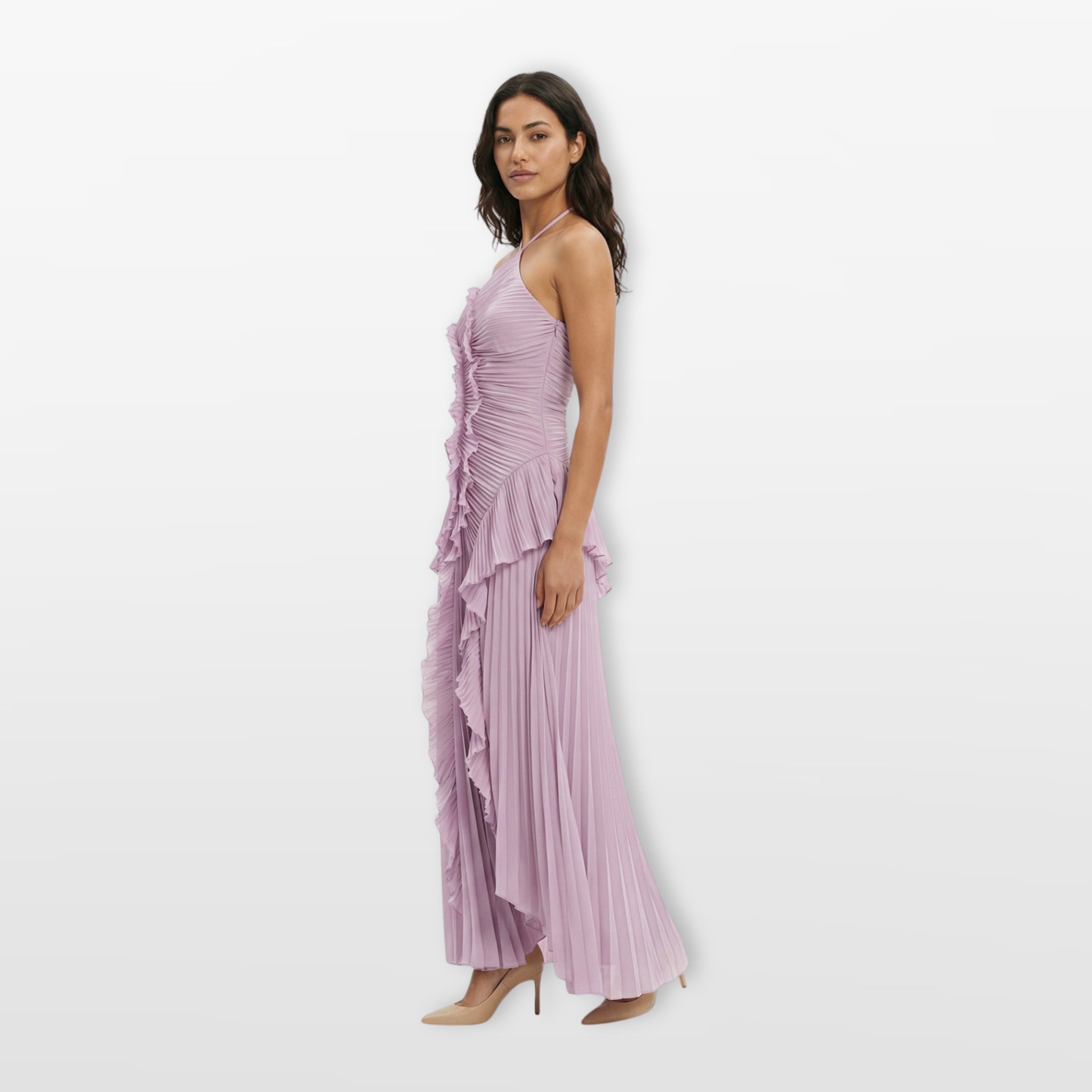 Women’s Pleated Ruffle Evening Dress Halter Maxi