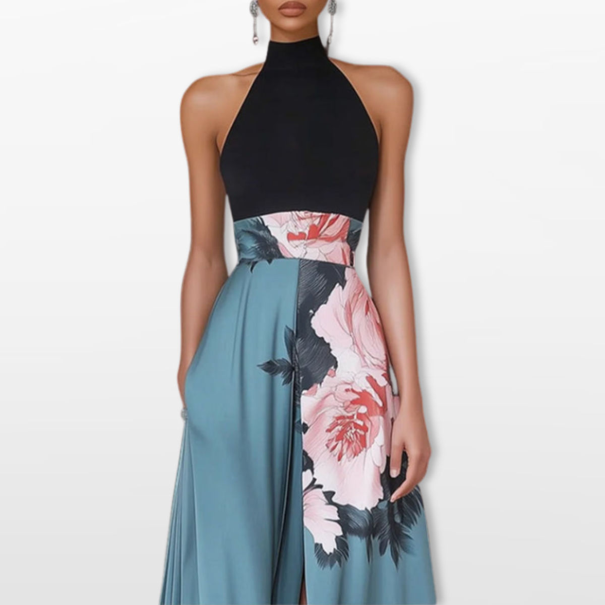 Women Halter Maxi Dress Floral Slit