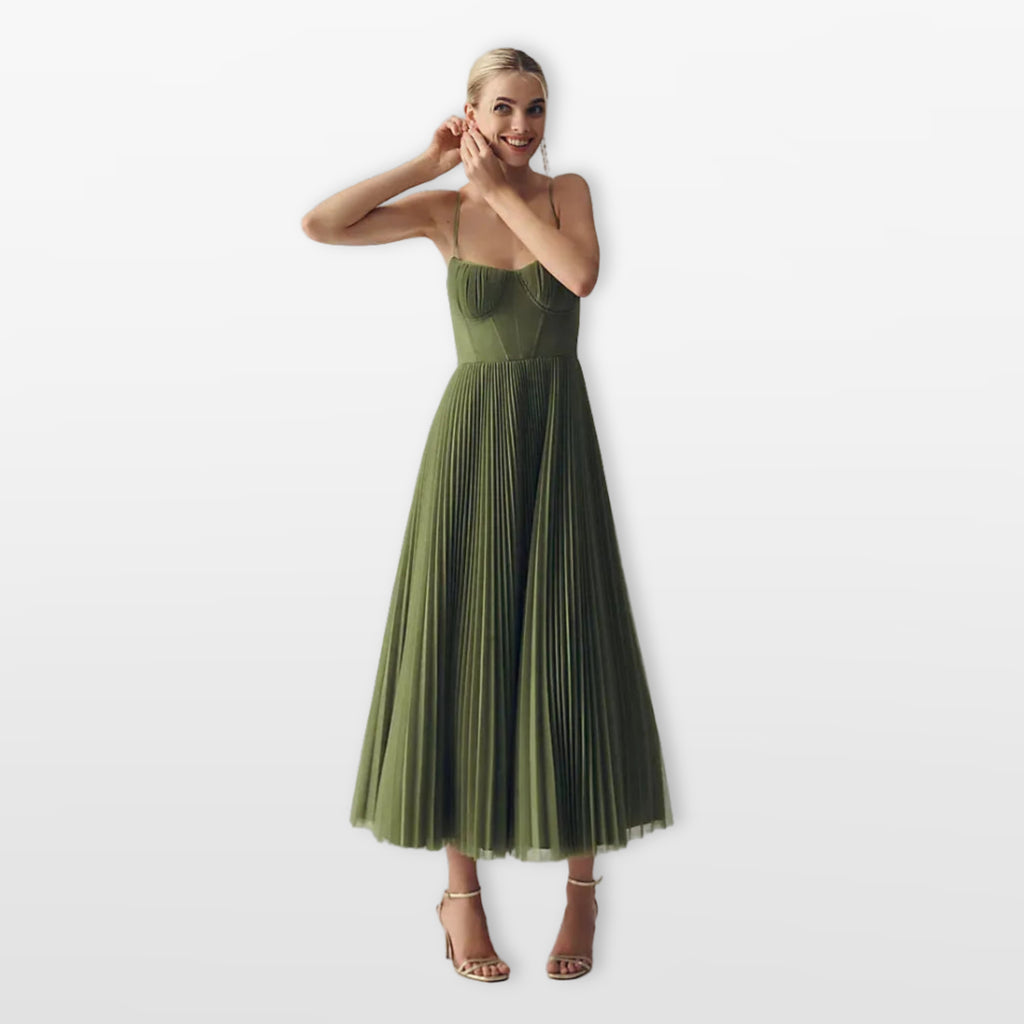 Women’s Pleated Midi Dress Spaghetti Strap Elegant