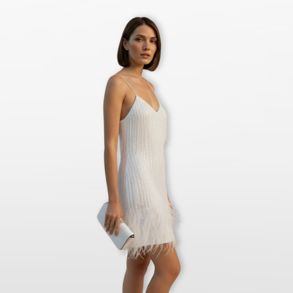 Women Feather Hem Mini Dress Elegant