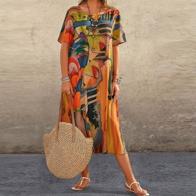 Women’s Abstract Print Short Sleeve Maxi Dress