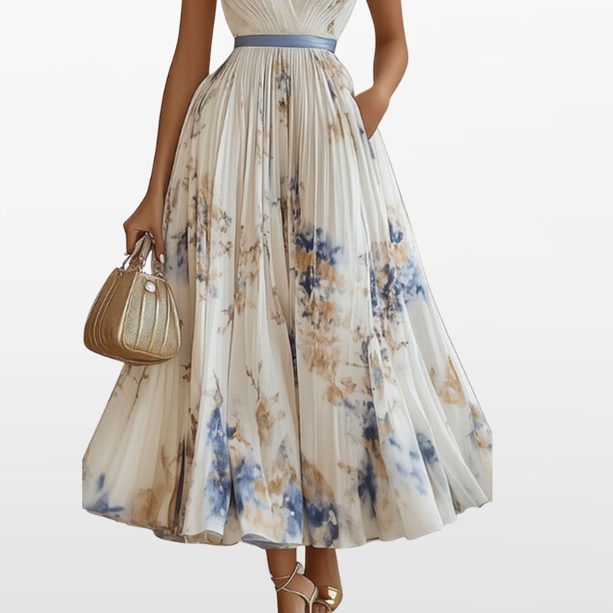 Women Elegant Pleated Maxi Dress V Neck