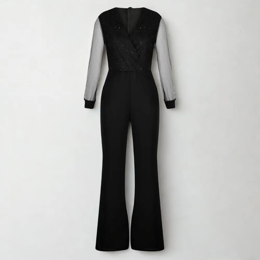 Women's Dressy Jumpsuit with Sheer Embellished Sleeves