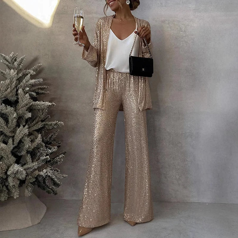 Women's Sequin Jacket and Wide-Leg Pants Set