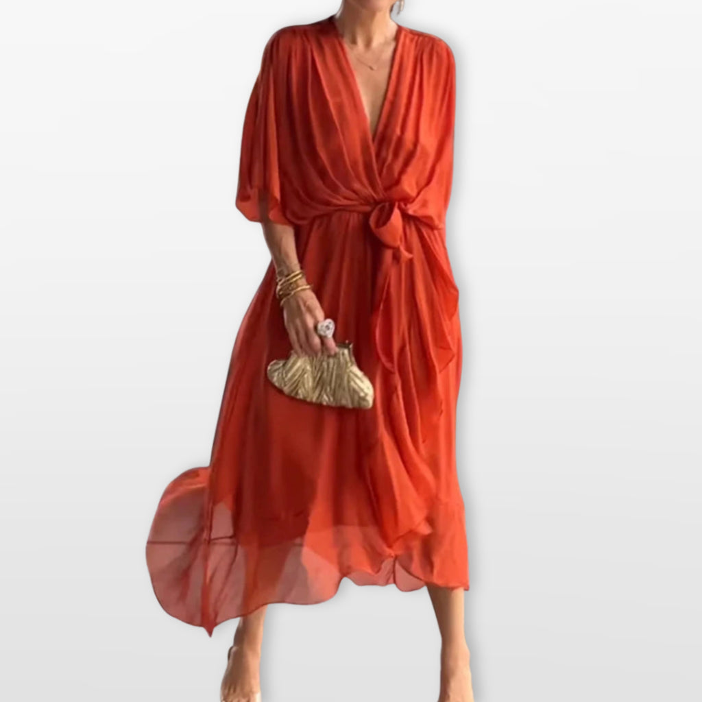 Women’s V Neck Midi Dress Flowy Wrap Dress