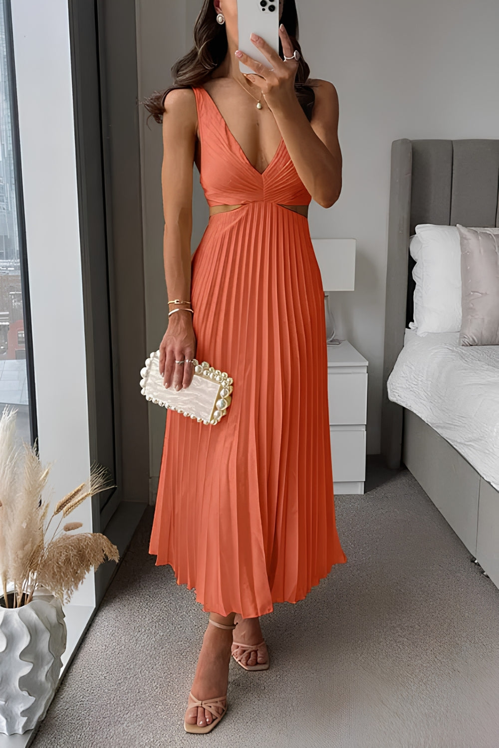 Women's Cutout Pleated Midi Dress