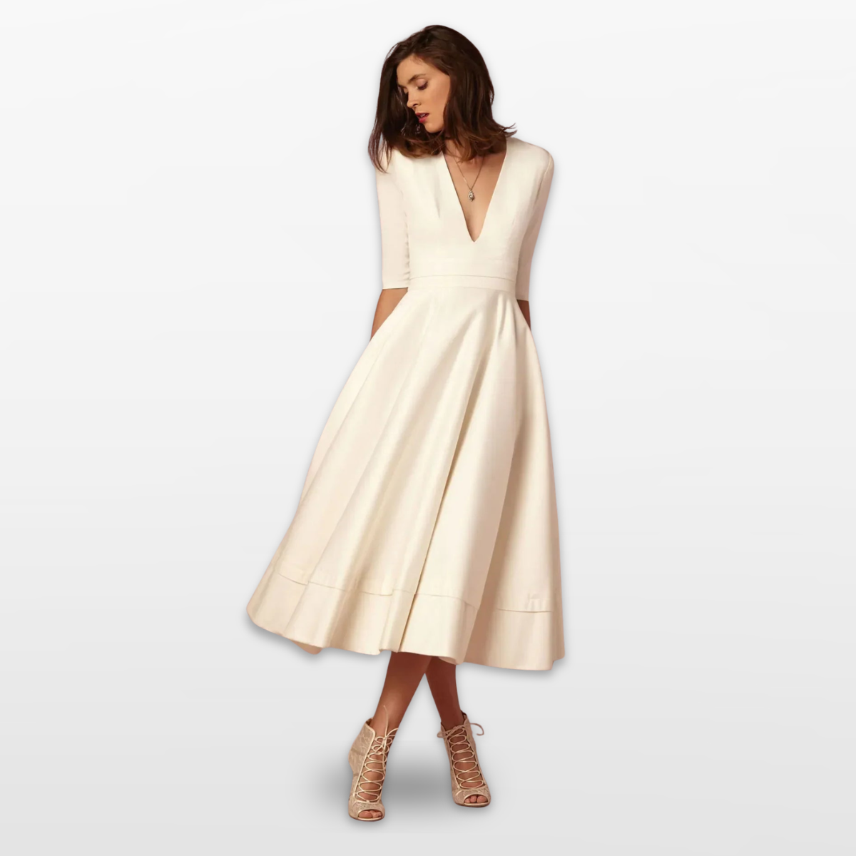 Women V Neck Fit and Flare Midi Dress