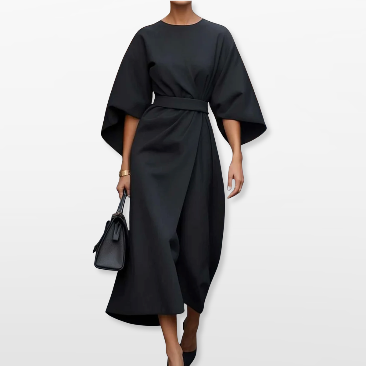 Women Elegant Midi Dress Belted Fit