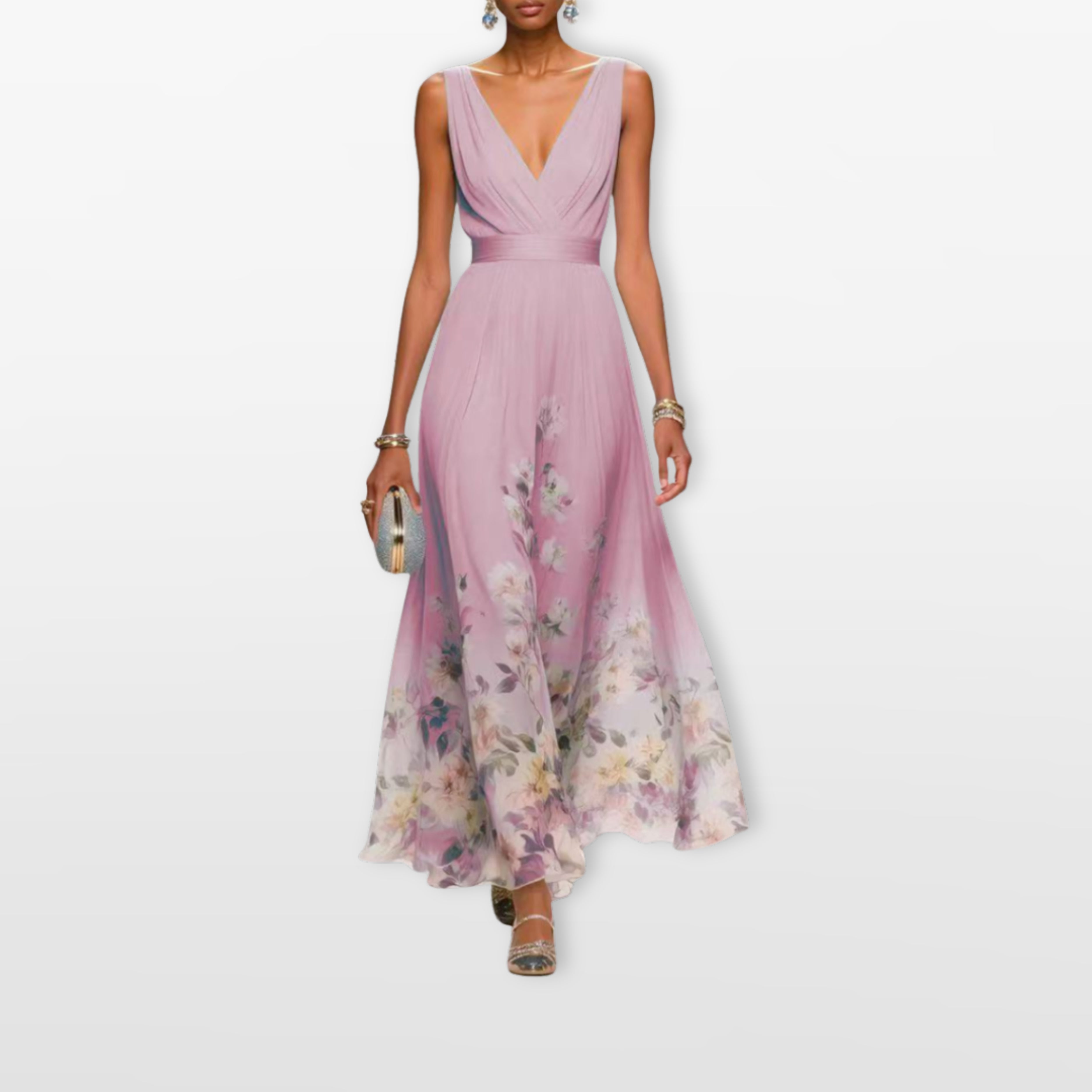Women Floral V Neck Maxi Dress