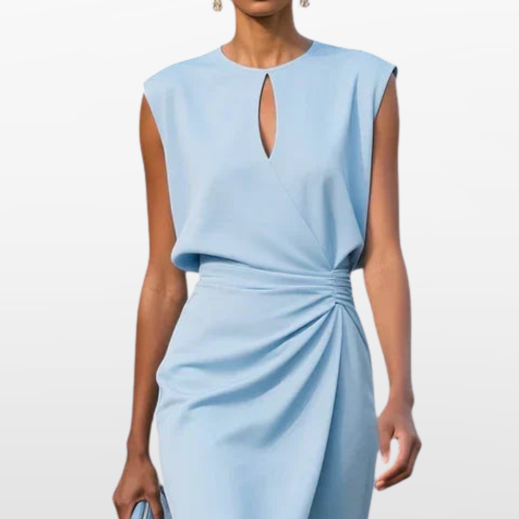 Women Elegant Midi Dress Pleated Waist