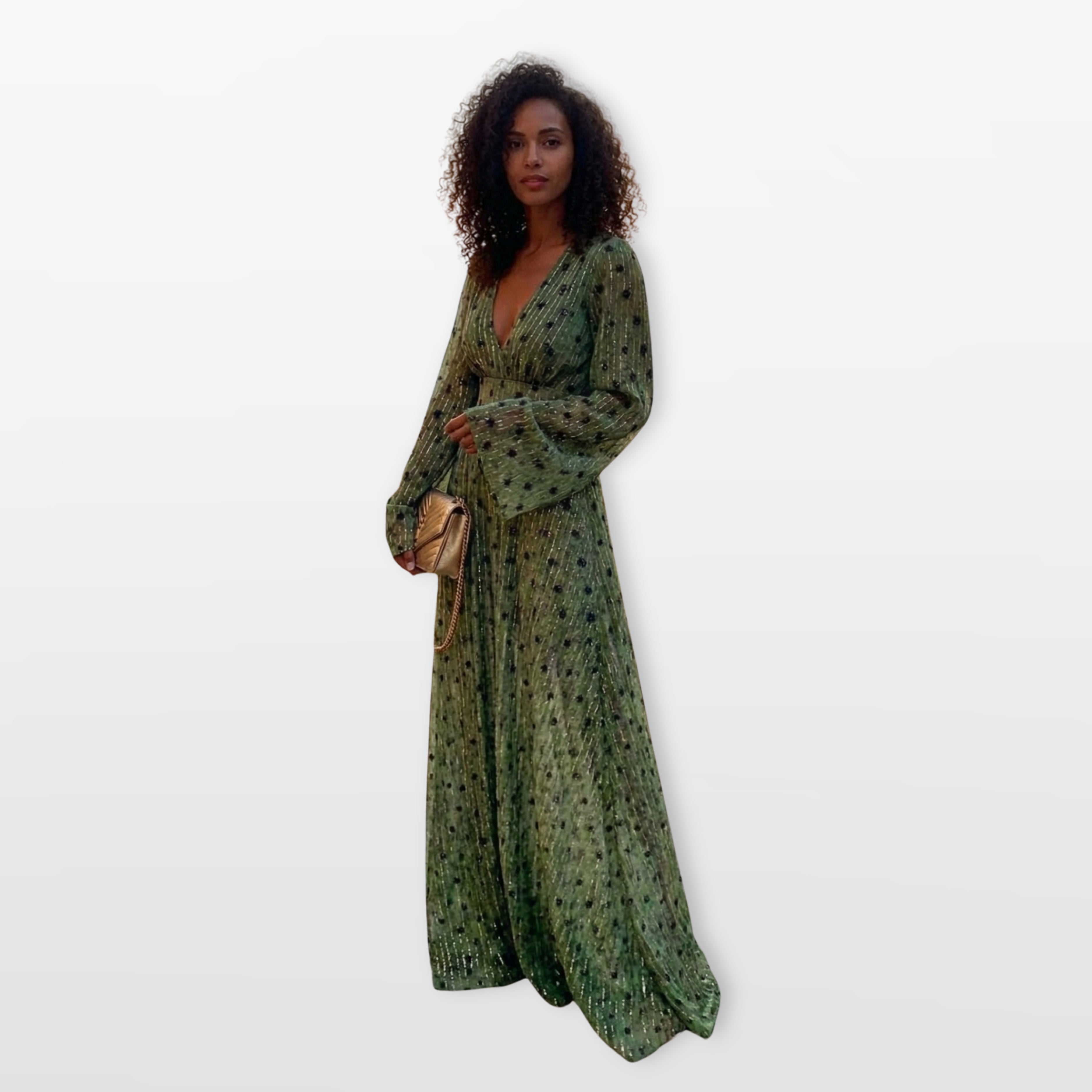 Women’s V Neck Maxi Dress Long Sleeve Flowing