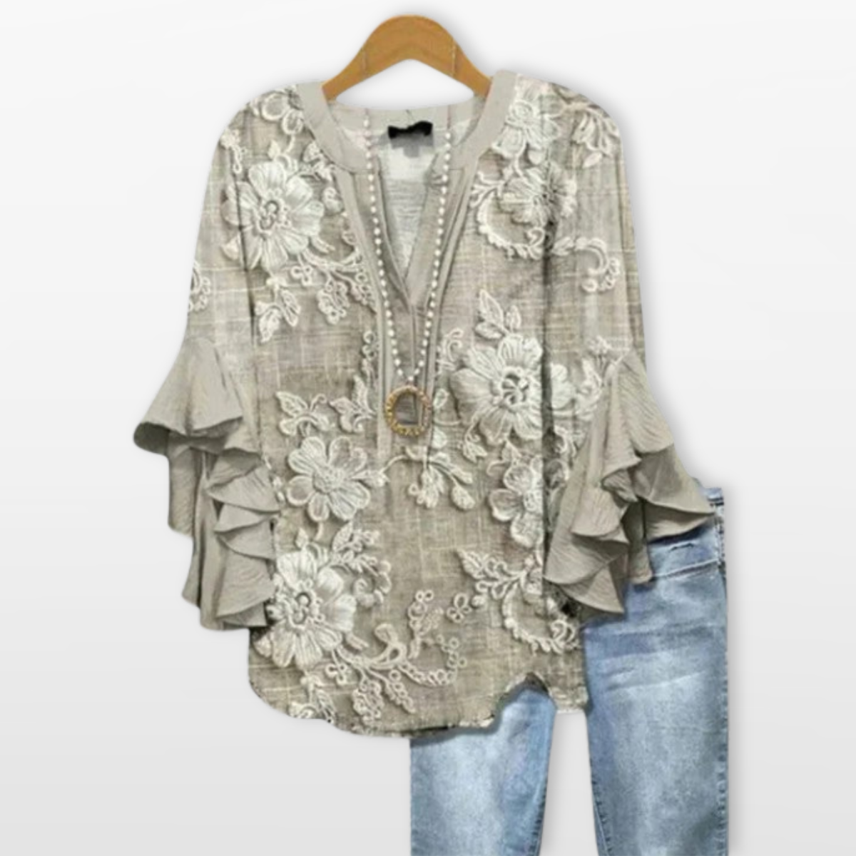 Women V Neck Blouse Floral Ruffle Sleeve