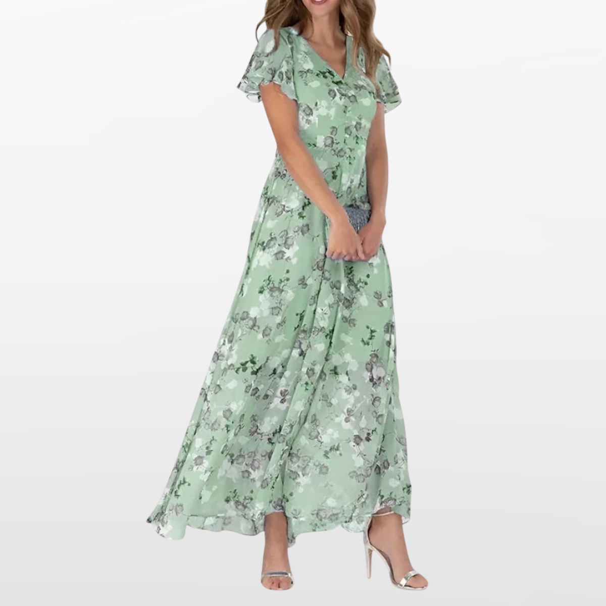 Women Floral Maxi Dress Flutter Sleeve