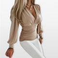 Women’s Long Sleeve V Neck Top Ruched Waist