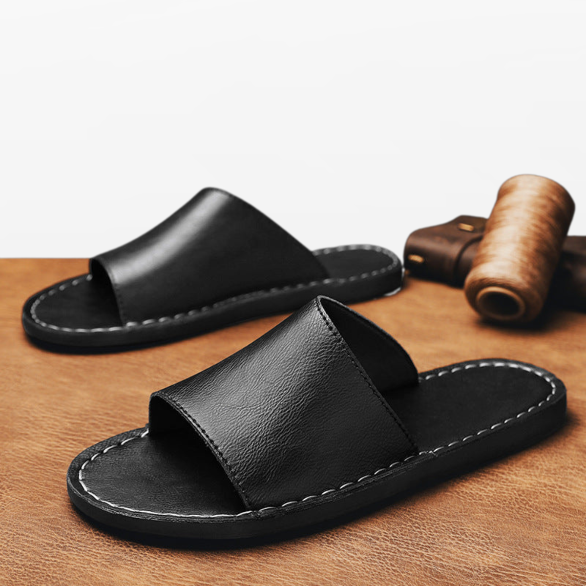 Men Leather Slide Sandals Minimal Summer