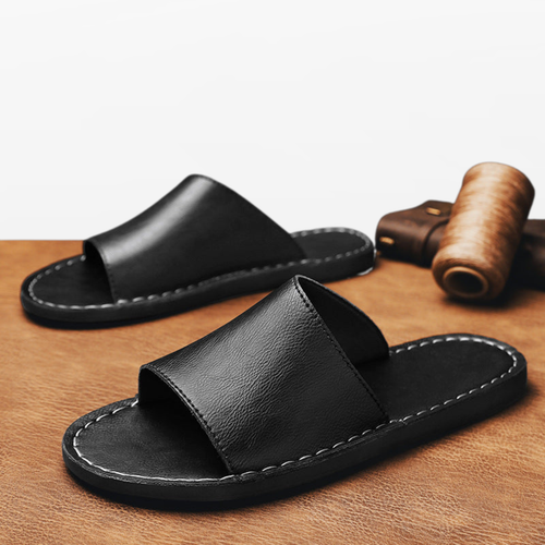 Men Leather Slide Sandals Minimal Summer