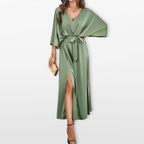 Women Belted V Neck Maxi Dress