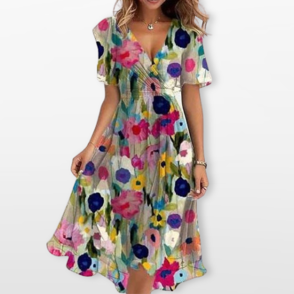 Women Floral Wrap Midi Dress Elegant Flow