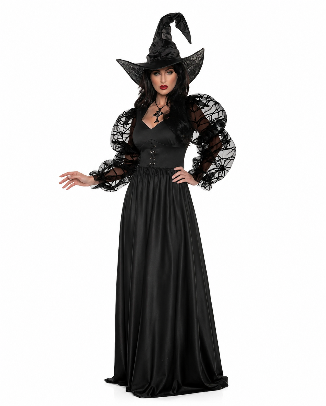 Women's Witch Costume With Spiderweb Puff Sleeves