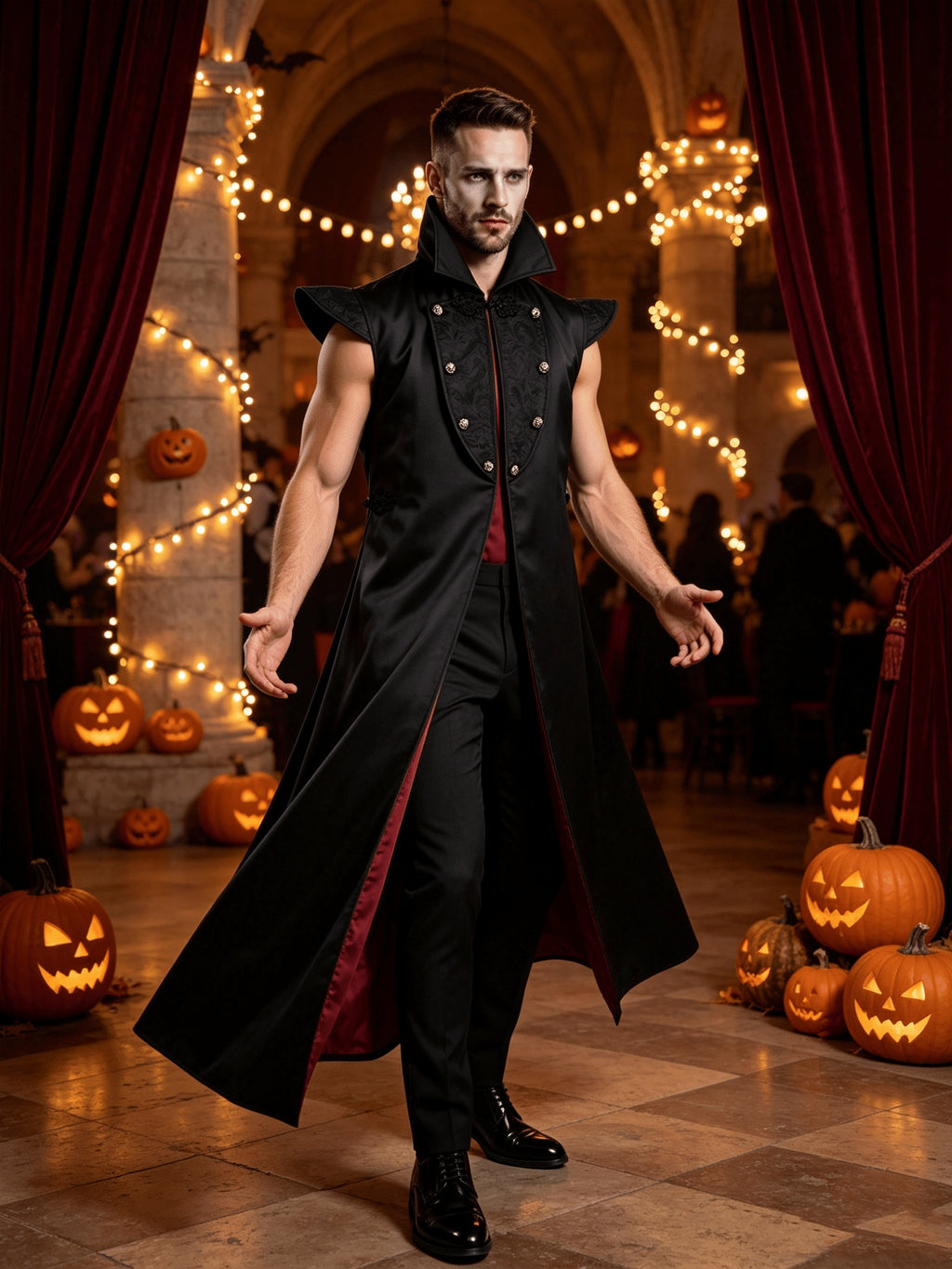Men’s Halloween Vampire Costume with Long Cape