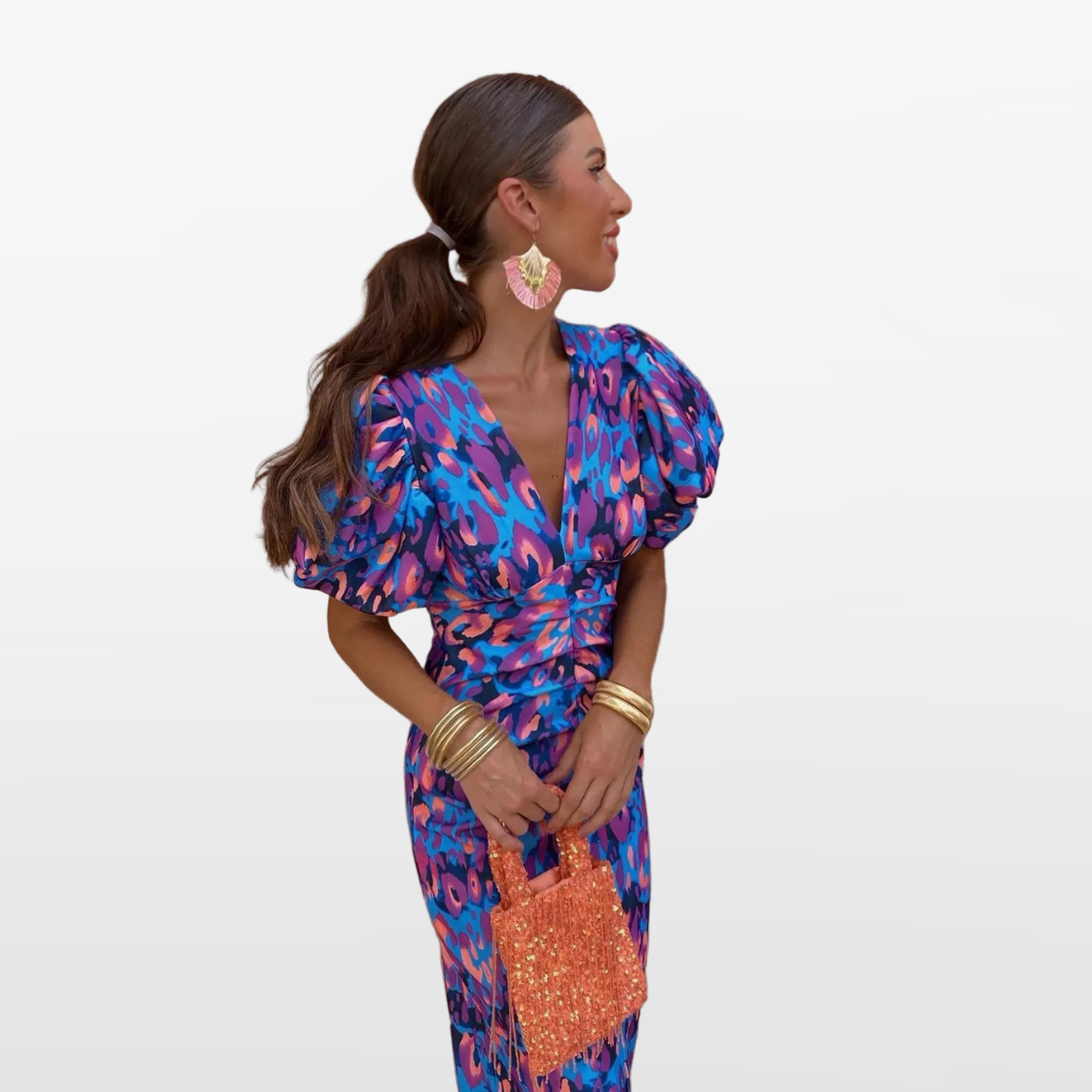 Women Ruched Puff Sleeve Midi Dress