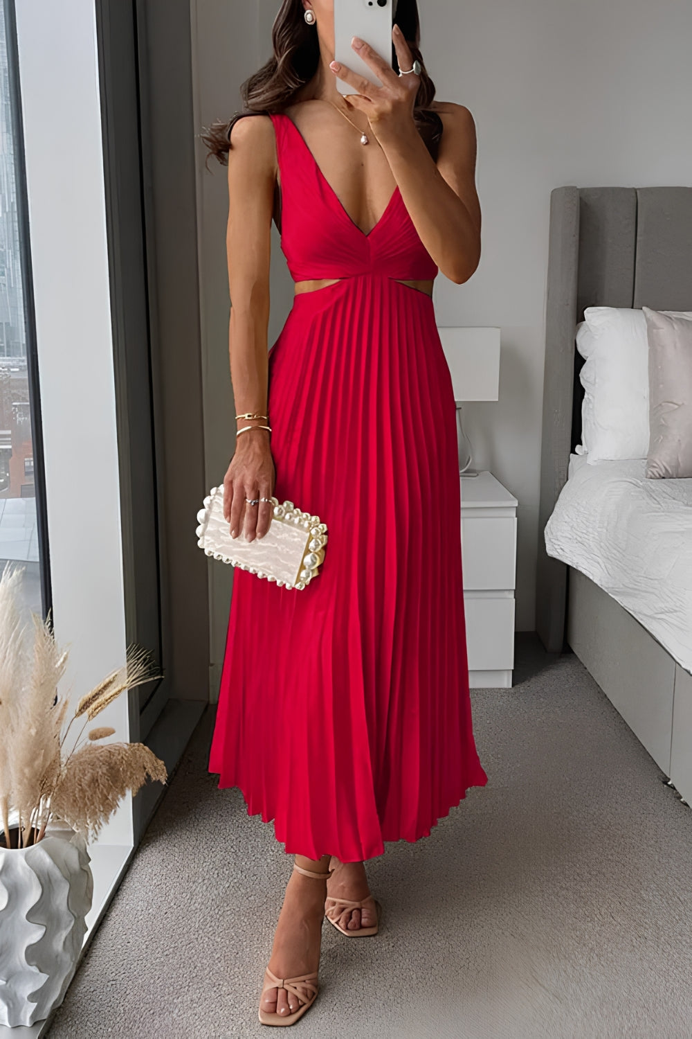 Women's Cutout Pleated Midi Dress