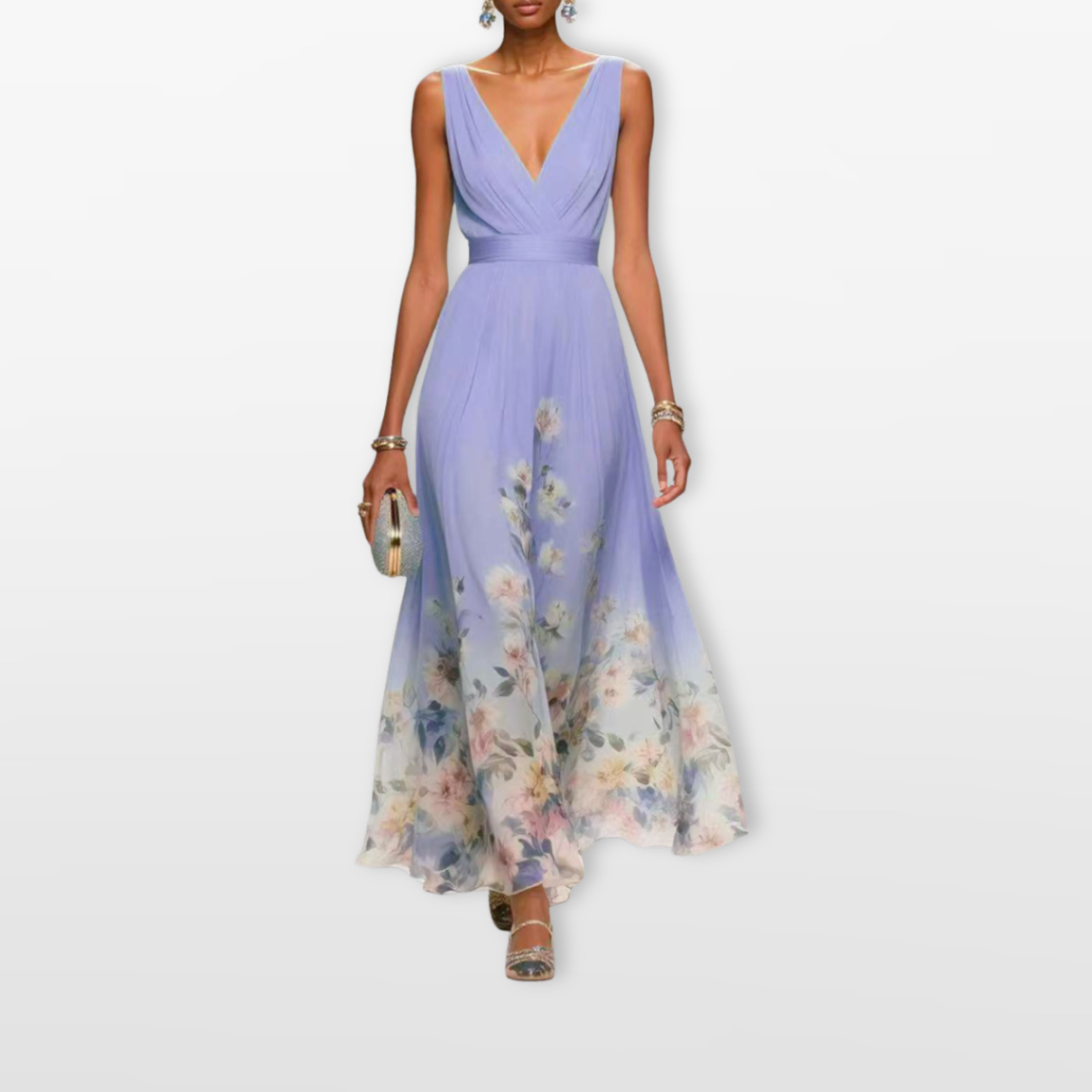 Women Floral V Neck Maxi Dress