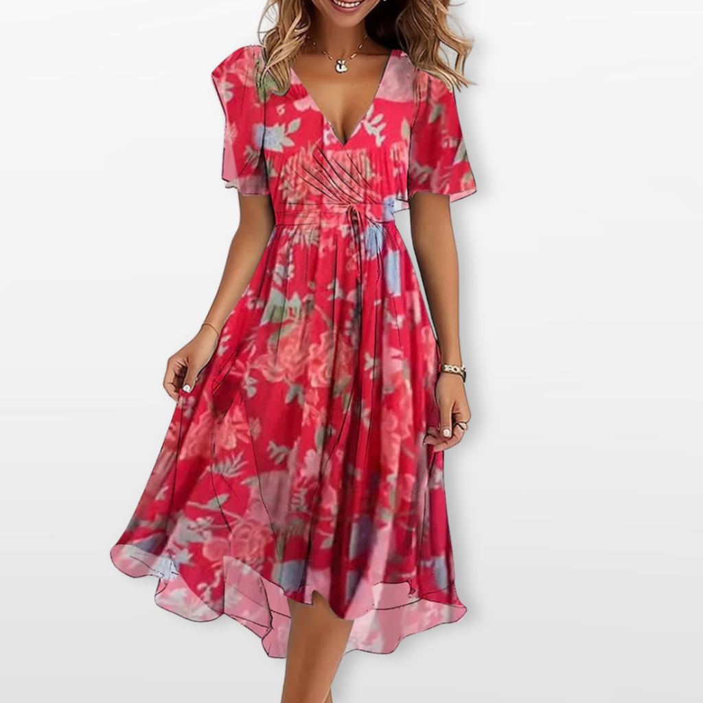 Women Floral Wrap Midi Dress Elegant Flow