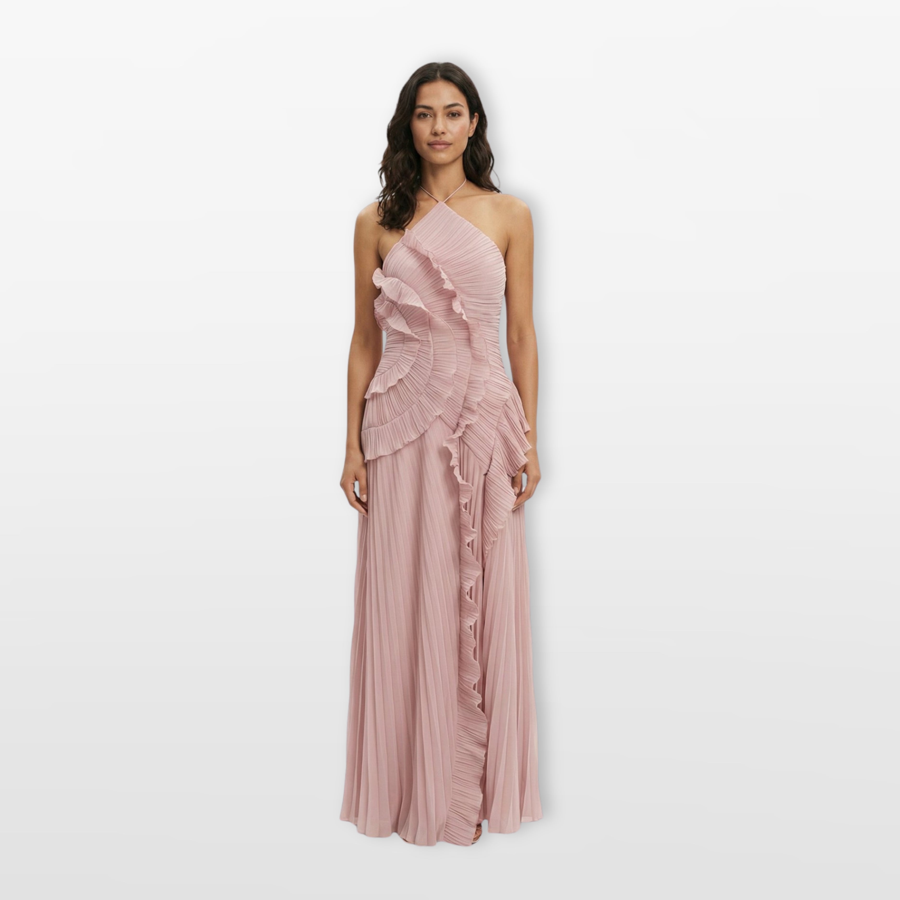 Women’s Pleated Ruffle Evening Dress Halter Maxi