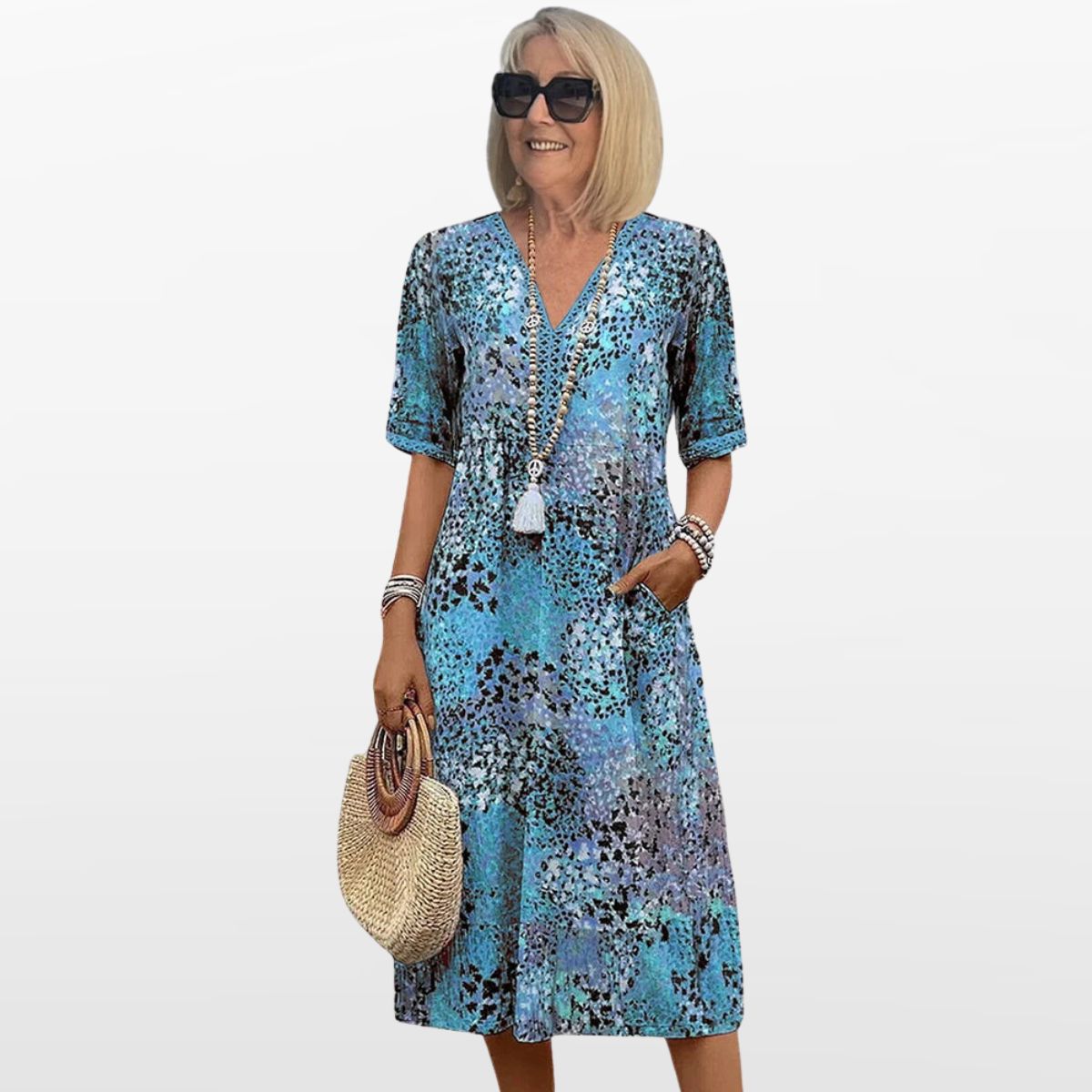 Women Boho Midi Dress V Neck