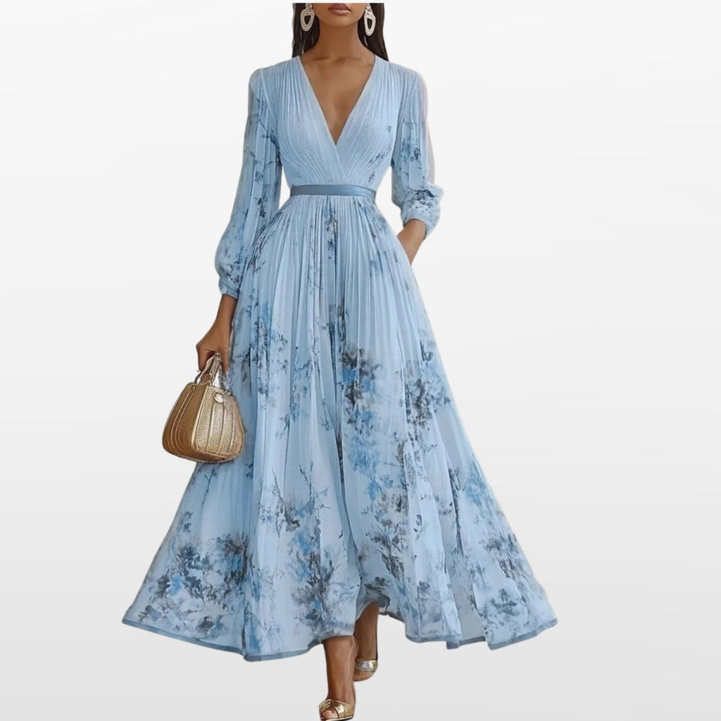 Women Elegant Pleated Maxi Dress V Neck