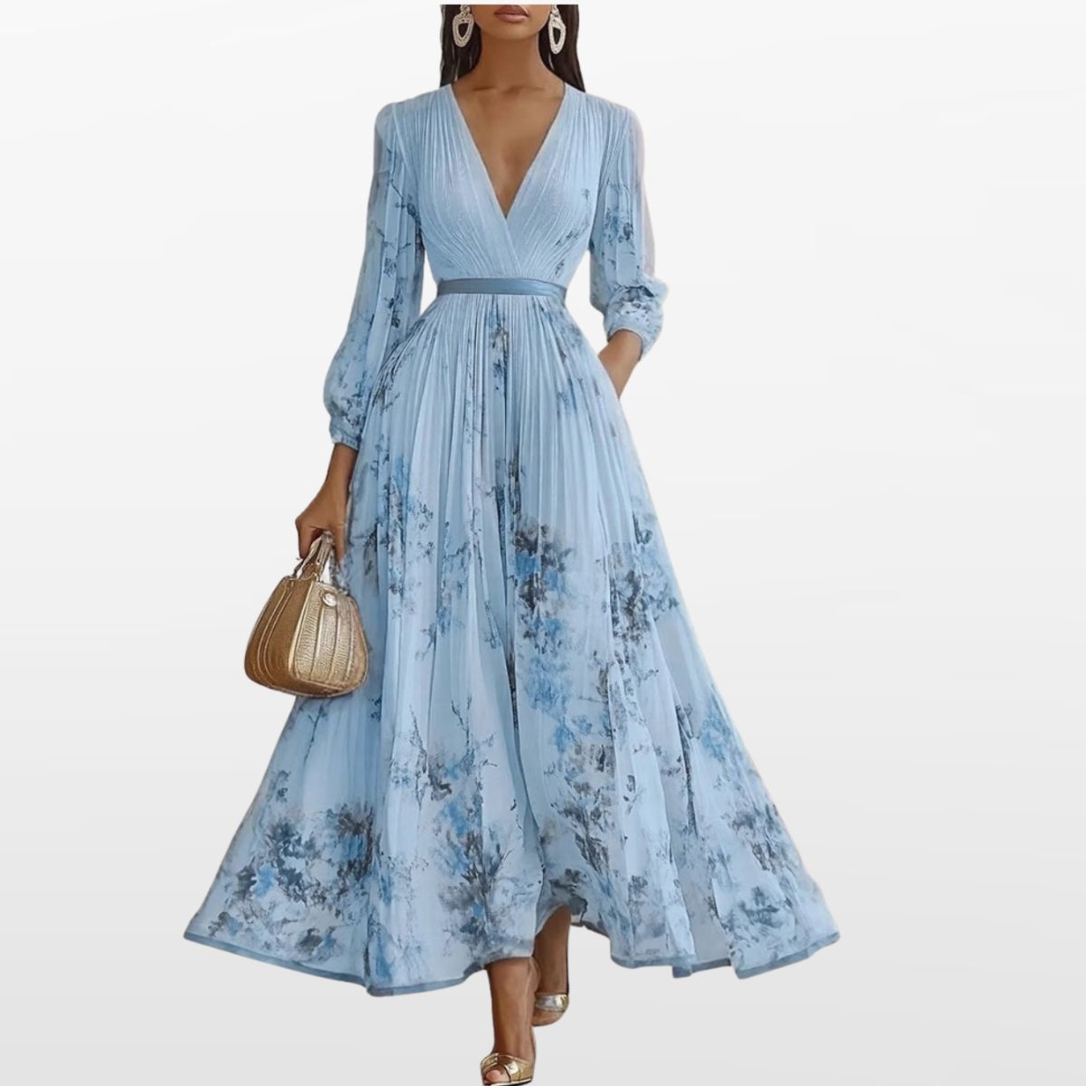 Women Elegant Pleated Maxi Dress V Neck