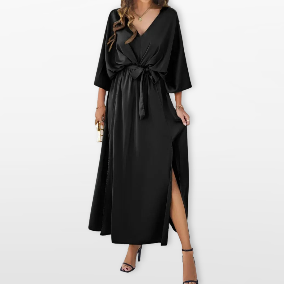 Women Belted V Neck Maxi Dress