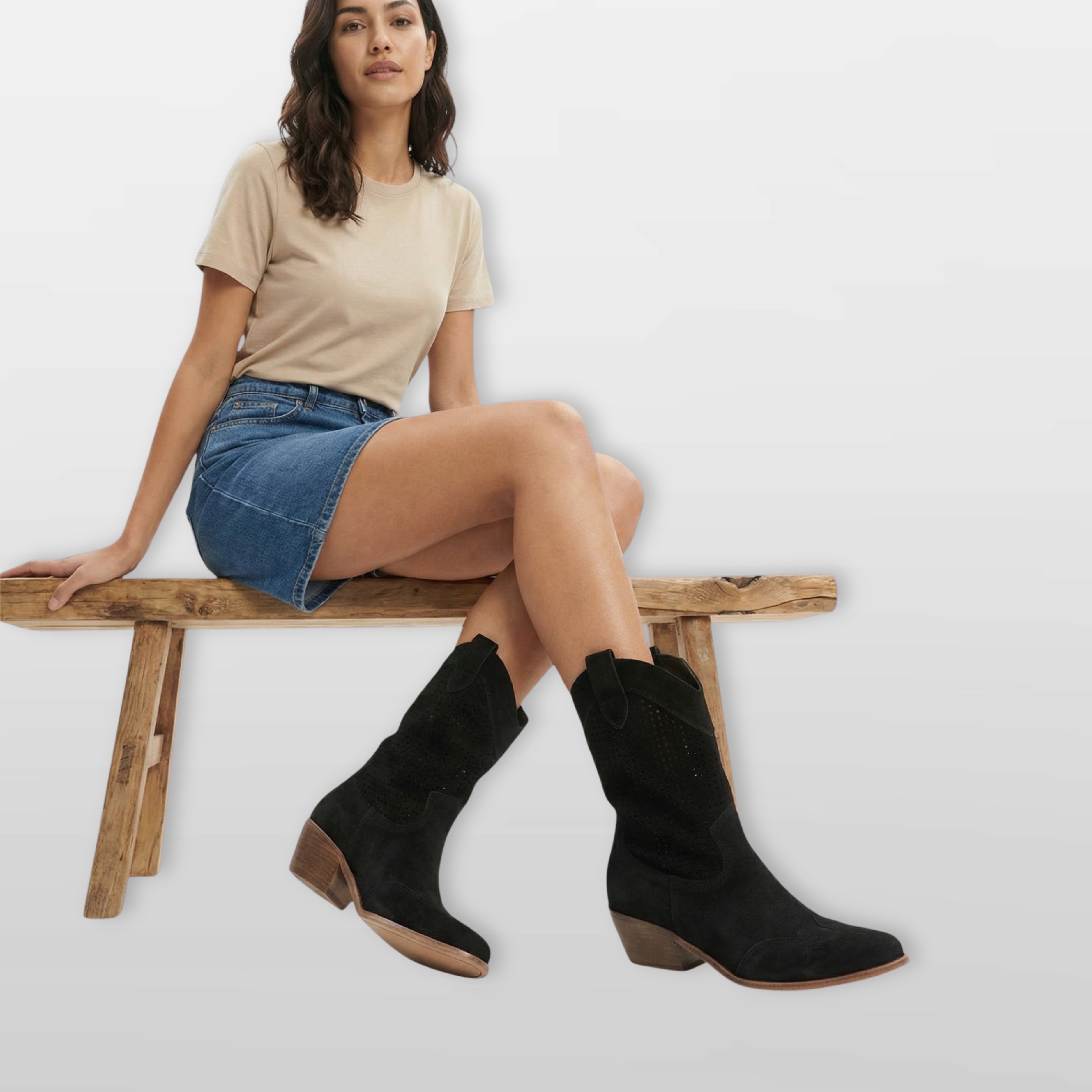Women’s Perforated Cowboy Boots Western Suede