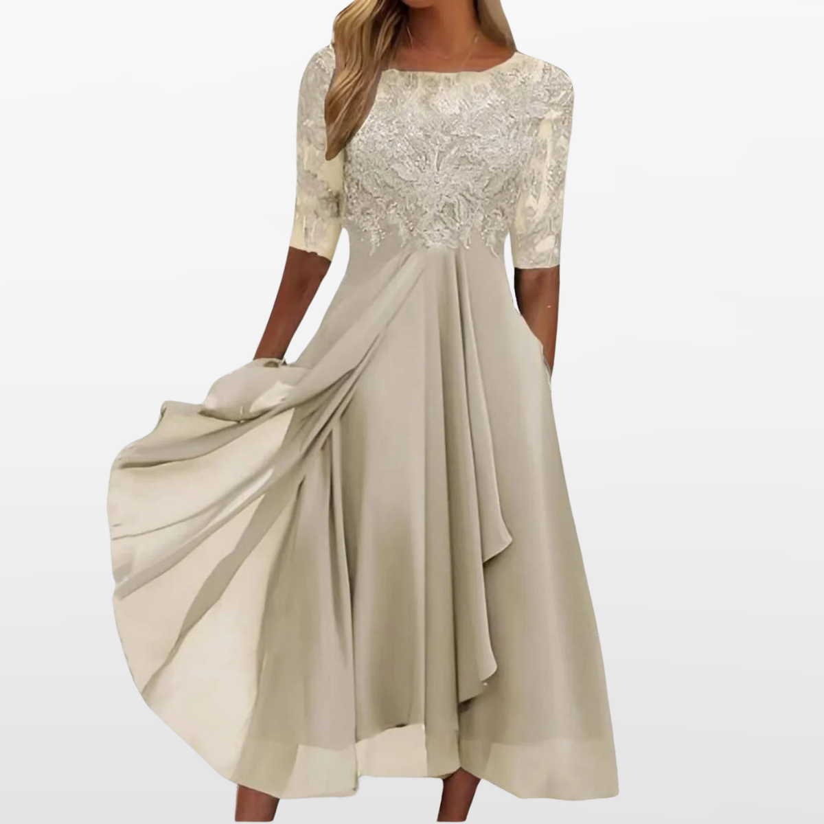 Women Elegant Lace Midi Evening Dress