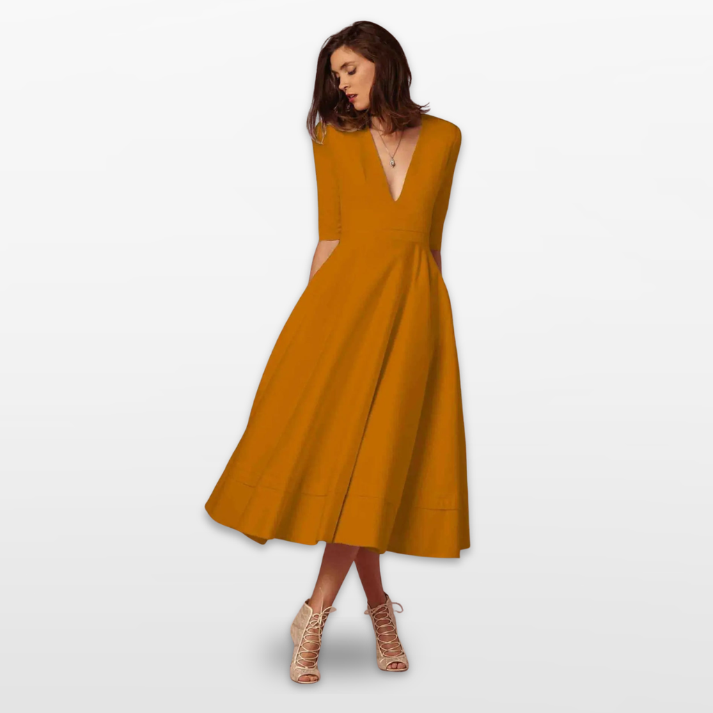 Women V Neck Fit and Flare Midi Dress