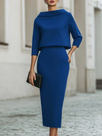 Women's Boat Neck Midi Dress with Three-Quarter Sleeves